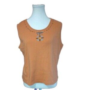 City Blues by Koret Tank Top Women's Round Neck Sleeveless Embroidered Floral L